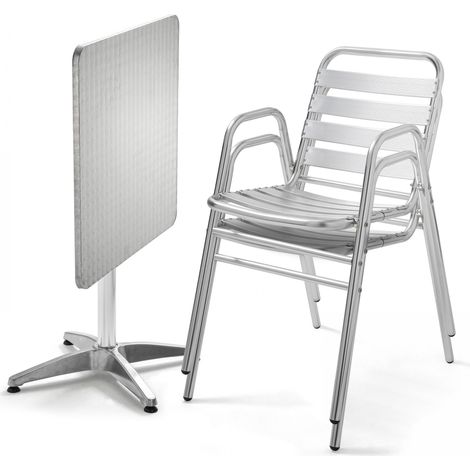 Ensemble table de jardin bistrot inclinable 2 places aluminium gris (1/5)