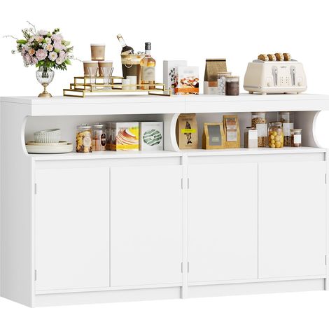 Credenza Cucina, 4 Ante con Sezione Buffet Aperta, Credenza Soggiorno con Ripiani Regolabili,Stile Moderno, Adatto per Cucina, Soggiorno, Bianco (1/5)
