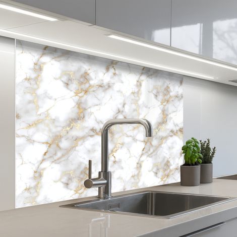REVETEMENT MURAL DE CUISINE, CRÉDENCE DE CUISINE Veines d'or - Marbre - Blanc 100x80 (1/5)