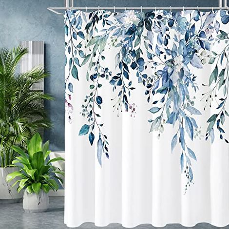 Rideau de Douche Eucalyptus Bleu, Motif Feuilles de Plantes aquarelles avec Fleurs, Ensemble de Rideau de Douche avec Crochets, 180 x 180 cm (1/4)