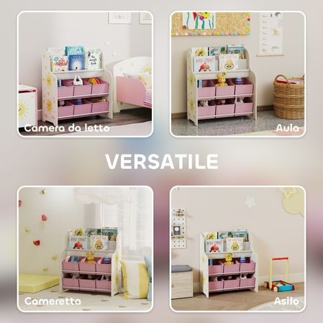 Étagère à jeux 6 tiroirs en tissu avec bibliothèque 2 niveaux, structure bois et acier, 63x30x71 cm, rose (1/5)