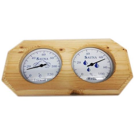 Thermomètre Hygromètre en bois de pin pour Sauna fond blanc (1/2)