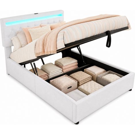 Cama de matrimonio tapizada 140x200 cm con almacenaje hidráulico, LED ambiental con cambio de color, USB y USB-C, en tela blanca CHICFURN (1/5)