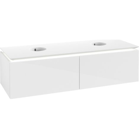 Meuble de rangement VB WTUS Legato B668 1400 x 380 x 500 mm avec éclairage, 2 tiroirs pour 2 personnes, blanc brillant (1/2)