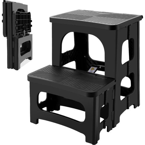 Marchepied pliable à 2 niveaux, pour enfants et adultes, capacité de charge de 136 kg, tabouret portable pliable avec marches antidérapantes pour cuisine, salle de bain, bureau, caravane et (1/5)