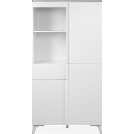 Buffet haut 3 portes 1 tiroir décor travertin et blanc - BERTRIX (1/5)