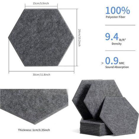 Panneaux Acoustiques - Hexagonaux - 30 x 26 x 1 cm - Densité 230 kg/m3 - NRC 0,9 - Pour Studio D'enregistrement - 12 Pièces (1/5)