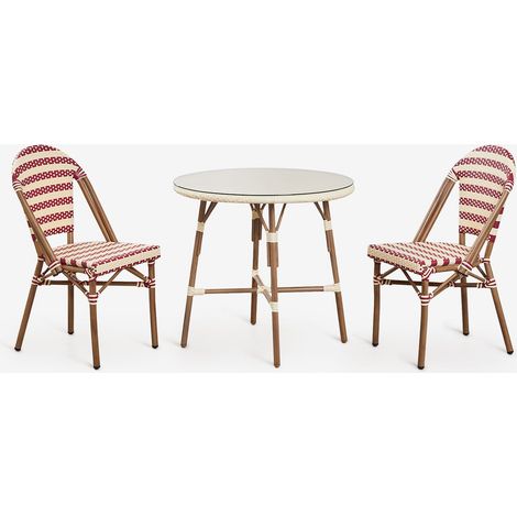 Ensemble table ronde Brielle Bistro (80 cm de diamètre) et deux chaises de jardin empilables en aluminium SKLUM Rouge Bordeaux - Beige Crème (1/5)