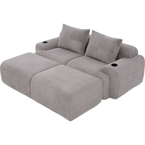 Sofá modular de 2 plazas de pana con 2 pufs, portavasos y bolsillo lateral, gris claro, MODENUIT (1/5)