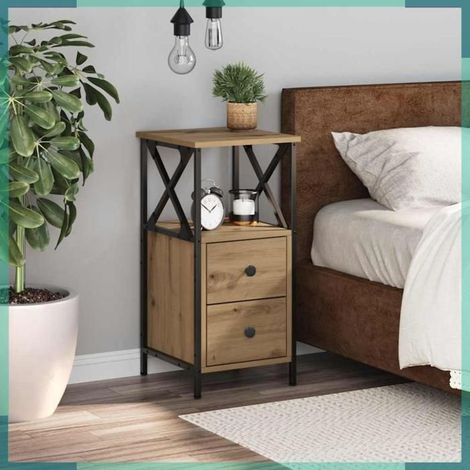 Table de chevet - 857252 - chêne artisanal - bois d'ingénierie et métal - 34 x 35,5 x 70 cm (1/5)