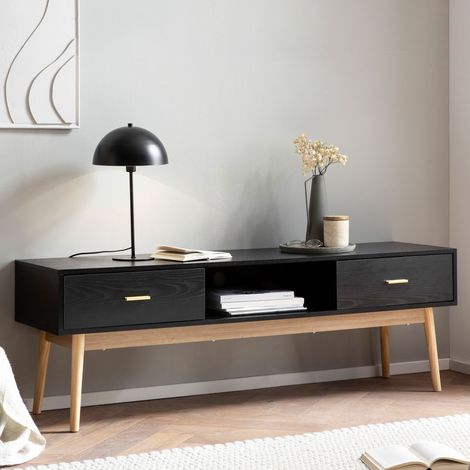 Meuble TV 2 tiroirs 150x40x50 cm décro noir et piétement en chêne