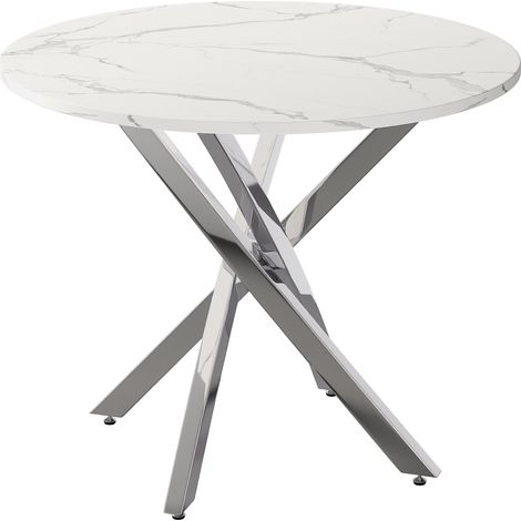 Table à manger ronde 80x80x75 cm plateau effet marbre pieds chromés argenté (1/5)