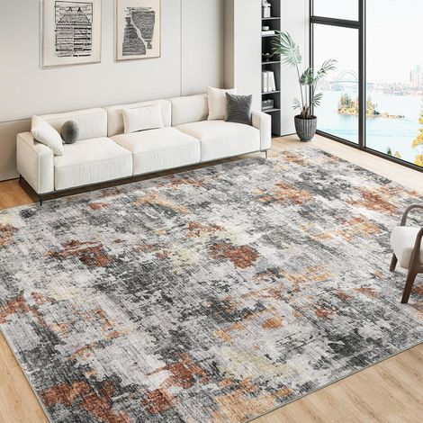 Tapis doux 150 x 210 cm, lavable, antidérapant, à motifs abstraits, idéal pour le salon, la chambre et la salle à manger – Gris/Rouille, à poils courts, pliable
