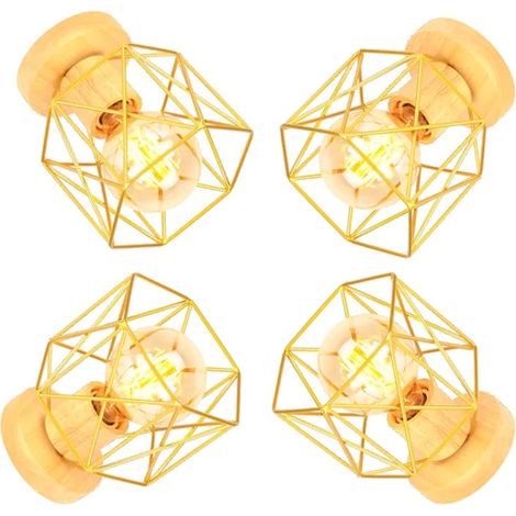 Lot de 4 Plafonnier en Cage Carré Retro,Lampe Plafonnier Industrielle Vintage Abat-jour en Bois Métal Style Edsion pour Salon (1/5)