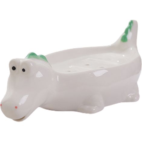 Jabonera de cerámica para fregadero – desagüe automático – bonito diseño de animales (dinosaurio/delfín/pollito/pato) – blanca – ventilada, antideslizante – 1 pieza (1/5)