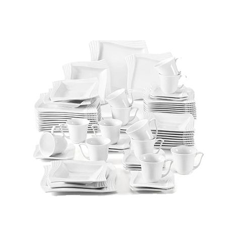 Service de vaisselle en porcelaine pour 12 personnes, compatible avec le micro-ondes et le lave-vaisselle, design carré élégant