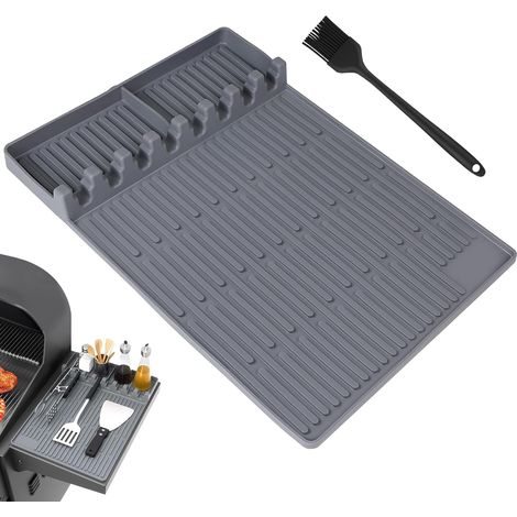 Tapis de Cuisson pour Barbecue Grils à Gaz Tablettes Latérales, avec Pinceau à Pâtisserie Trou de Suspension, pour Le Rangement Latéral des Couverts de Barbecue, Gris (1/5)