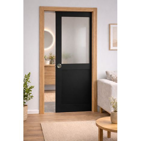 Porte Coulissante Athena Noir H204 X L93 Cm, Galandage, Kit Finition (coquille Et Tire Doigt) Gd Menuiseries
