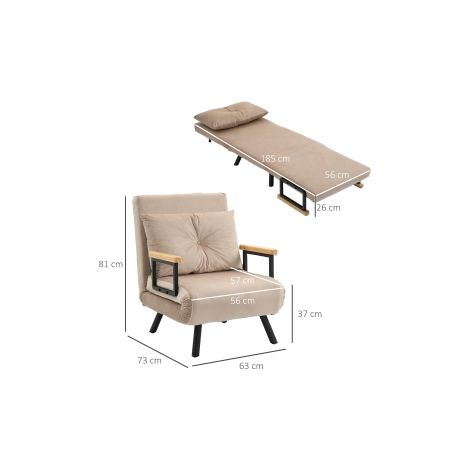 Fauteuil convertible beige effet velours avec coussin et dossier réglable, fonction lit d'appoint pour salon et chambre (1/5)