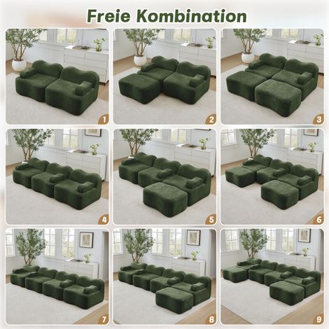 Canapé droit 3 places modulaire – 2 poufs, mousse haute densité 32D, design vague et assise profonde, vert – Idéal pour salon contemporain (1/5)