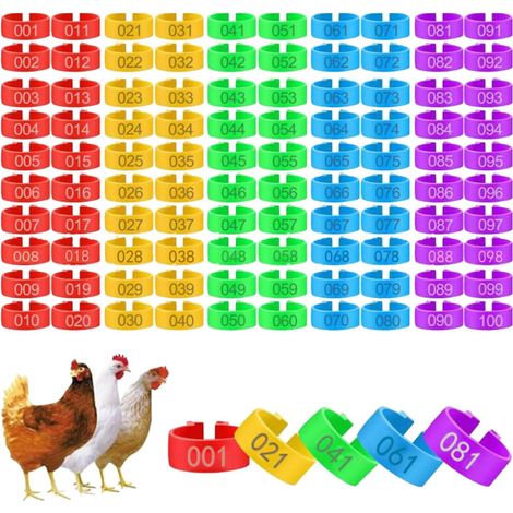 Lot de 100 bagues d'identification numérotées pour pattes de volaille (poulets) – 5 couleurs – Diamètre 16 mm (0,63 pouce) (1/5)