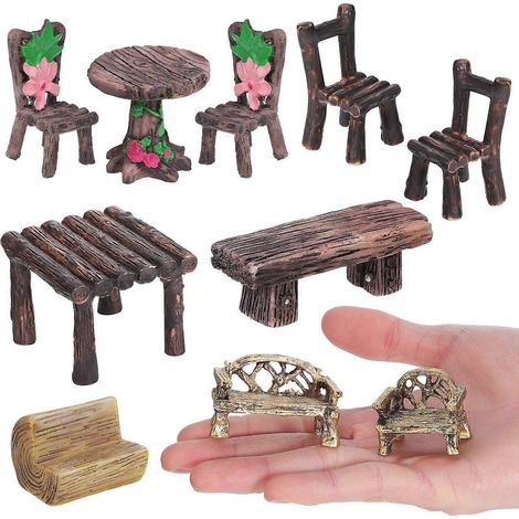 Lot de 10 mini-mobilier de jardin, mini-tables et chaises, figurines miniatures décoratives en résine pour micro-paysages (1/5)