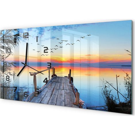 Horloge Murale Sans Tic-Tac 60x30 cm Verre Trempé Design Panoramique Pont en bois (1/5)