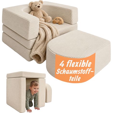 Relaxdays Kindersessel, modular, 4-teilig, weiche Bausteine, Relaxsessel, Cord, HBT: 40x65x65 cm, Chillsessel, beige (1/5)