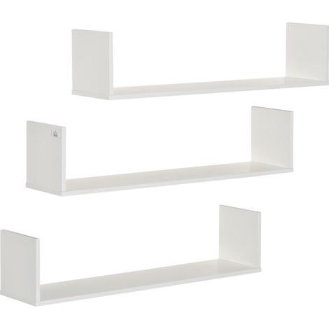 Set of 3 Wooden U-Shaped Floating Shelves Set, 80cm Wall Mounted Hanging Bookshelf, CD DVD Storage Display for Bedroom Living Room Kitchen, White
