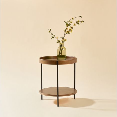 Table basse ronde à 2 niveaux en bois et métal, finition Noyer (1/5)