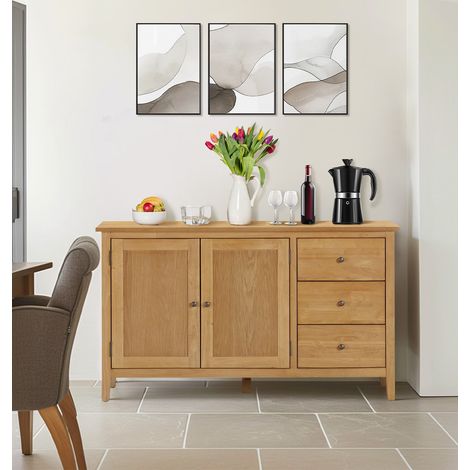 Hallowood Furniture Aston Large Sideboard Cabinet with Cupboard, 3-Drawer Wooden Sideboard Storage Cabinet, Ready-Assembled Light Oak Sideboards for Living Room, Kitchen or Bedroom (1/5)