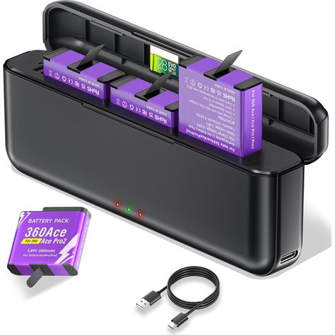 Chargeur 3 Slots et 2 Batteries 2400 mAh Compatible avec Insta360 Ace/Ace Pro/Ace Pro 2, Batterie de Rechange pour Insta360 Ace/Ace Pro Kit Chargeur de Batterie Accessoires avec Affichage LED (1/5)