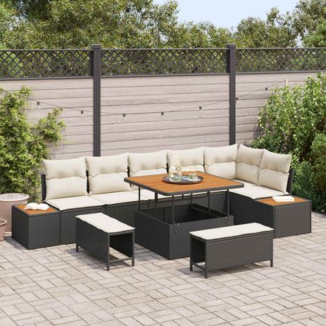 Salon de Jardin Modulable en Rattan Synthétique avec Table Réglable Noir et Crème 9 Pcs - PANGIVO (1/5)