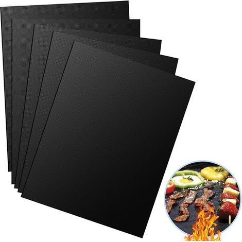 Lot de 5 Tapis BBQ Reutilisable, Anti-Adhérent Plaque Feuille de Cuisson Four Accessoire pour Barbecue à Gaz Charbon Electrique (40 x 33cm), Noir (1/5)