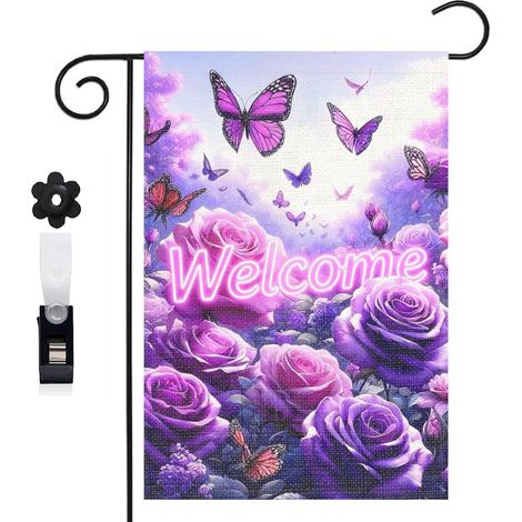 Drapeau vertical papillons et roses violettes lumineuses 30 x 45 cm décoration saisonnière cour (1/5)