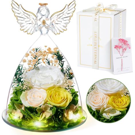 Rose Eternelle Cadeau Femme, Fleur Préservées avec Ange Figurine, Idee Rosee Cadeau pour Elle, Maman Amie Épouse Sœur Mamie, Cadeaux Noel, Saint Valentin, Fete des Meres, Anniversaire (1/5)