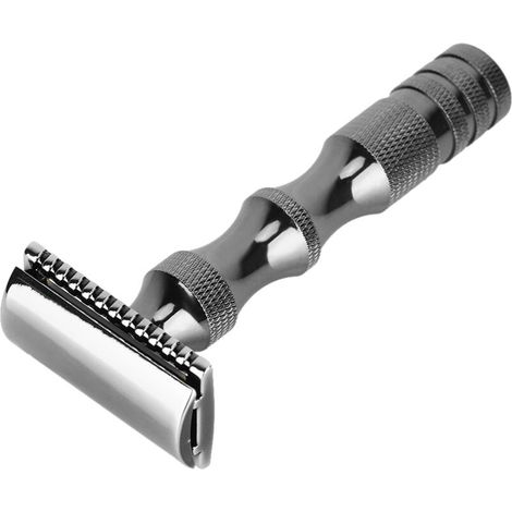 Rasoir de sûreté vintage pour hommes avec manche en métal antidérapant et deux lames (Noir)