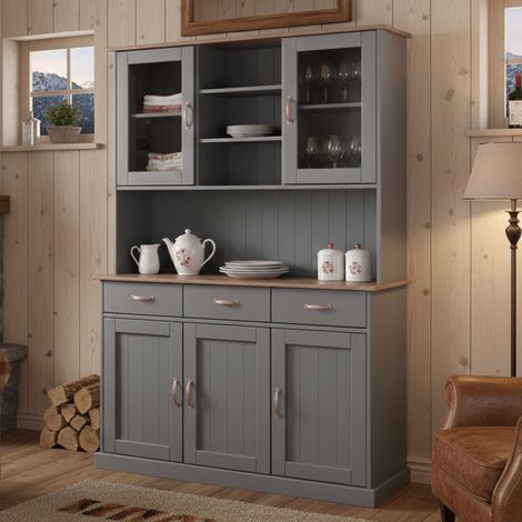 Dmora Credenza a 3 ante chiuse 2 vetrine e 3 cassetti, in pino massello verniciato grigio con top e finiture color marrone, 131x45x191 cm, con imballo rinforzato (1/5)