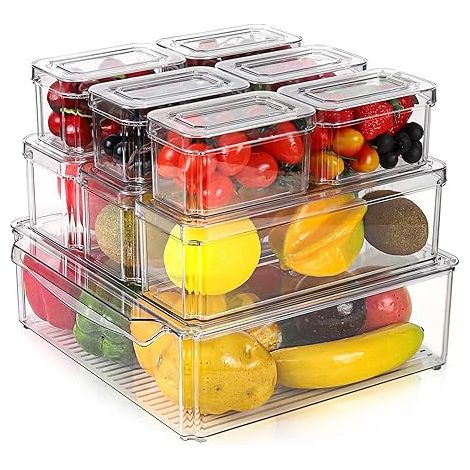 Lot de 10 Organiseur Frigo Cusine, Boite Rangement Plastique Frigo, Boîte de Bac Rangement Frigo Transparent avec Couvercle, Bac Rangement Frigo pour Réfrigérateur, Cuisine, Armoires (1/5)