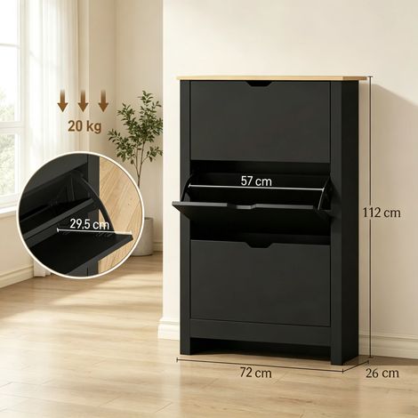 Meuble de rangement pour chaussures, 3 portes battantes, 2 niches, étagère en panneau de particules noir, armoire à souliers (1/5)