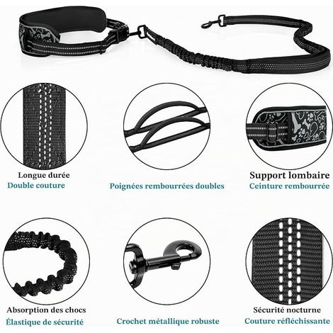 Laisse mains libres pour chien avec ceinture large pour chiens de taille moyenne et grande pour promener, jogging, randonnée avec deux poignées et élastique durable Noir (1/4)