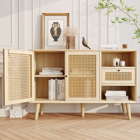 Buffet commode 1 tiroir 2 portes magnétiques osier rotin portes pieds bois massif poignée arc métal noir étagères réglables chêne 120x40x80cm.