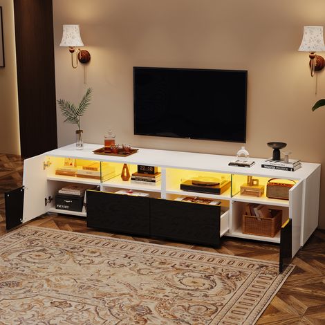 Mueble TV, mueble TV LED con 2 cajones + 2 puertas, acabado frontal lacado, MDF y cristal, blanco/negro, para TV de 80 pulgadas (1/5)