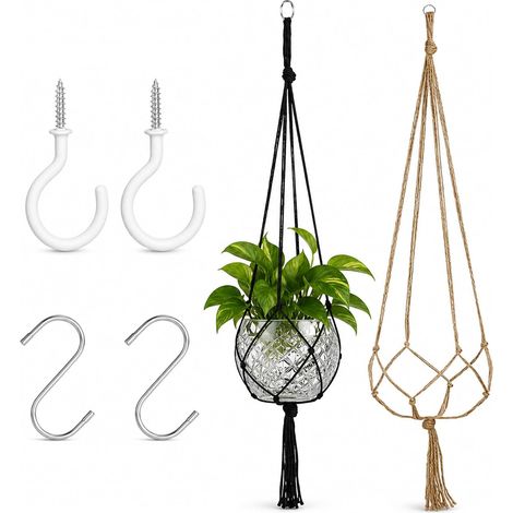 Suspension Plante Macramé Lot de 2, Porte-Pot Suspendu Tissé à la Main avec 4 Crochets, Décoration Bohème Chic pour Jardin et Salon, 120cm, Noir et Lin (1/5)