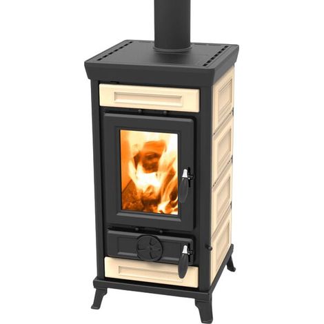 Thermorossi – Poêle à bois en céramique 7.3 kW – Rendement 85.7 % – Sortie des fumées supérieure – Taille des bûches 25 cm – Pour bois dur (1/5)