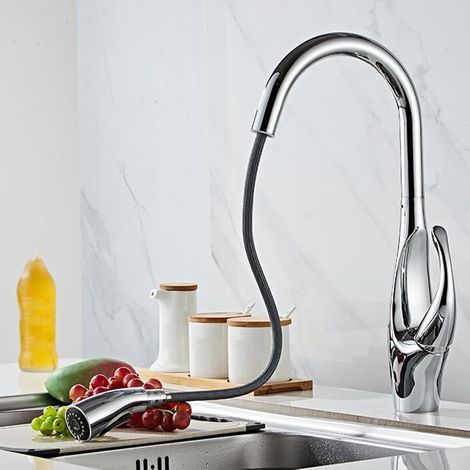 Miscelatore da cucina estraibile in ottone, beccuccio girevole da 147 cm, cromato, con tubi flessibili - ALTRO (1/4)