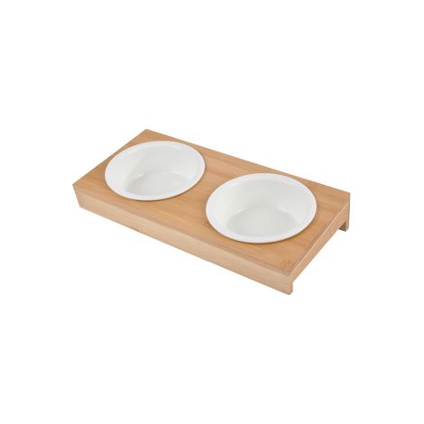 Gamelles pour chien en céramique Ø 16 cm, sur support en bambou (1/2)