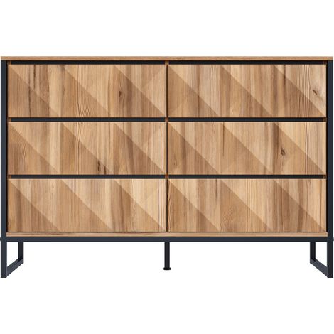 ELVMI Sideboard mit 6 Schubladen und Verstellbaren Füßen für Wohnzimmer Schlafzimmer Flur aus Spanplatte 120 × 40 × 80 cm Schwarz und Natur (1/4)
