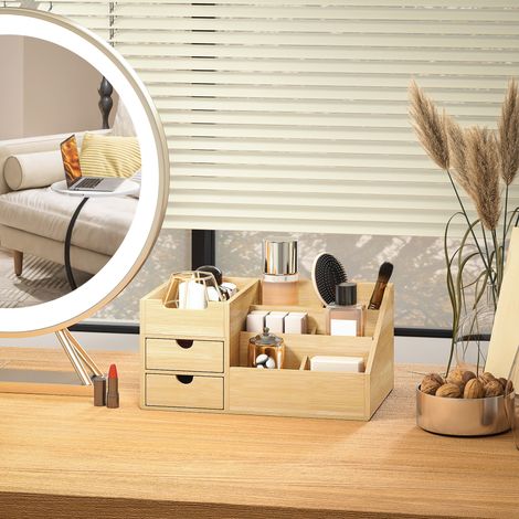 Organiseur de bureau en bambou avec 2 tiroirs et 7 compartiments de rangement, 33 x 20,5 x 15,5 cm (1/5)