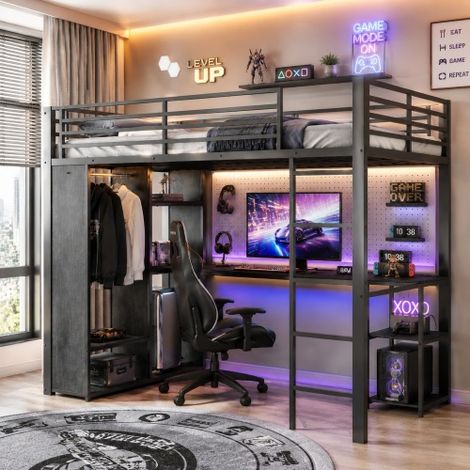 Letto a soppalco, 90 x 200 cm, struttura in ferro, vano contenitore con striscia LED, scrivania, doppia presa con interfaccia USB e Type-C, 3 ripiani, armadio a giorno, senza materasso, nero (1/5)